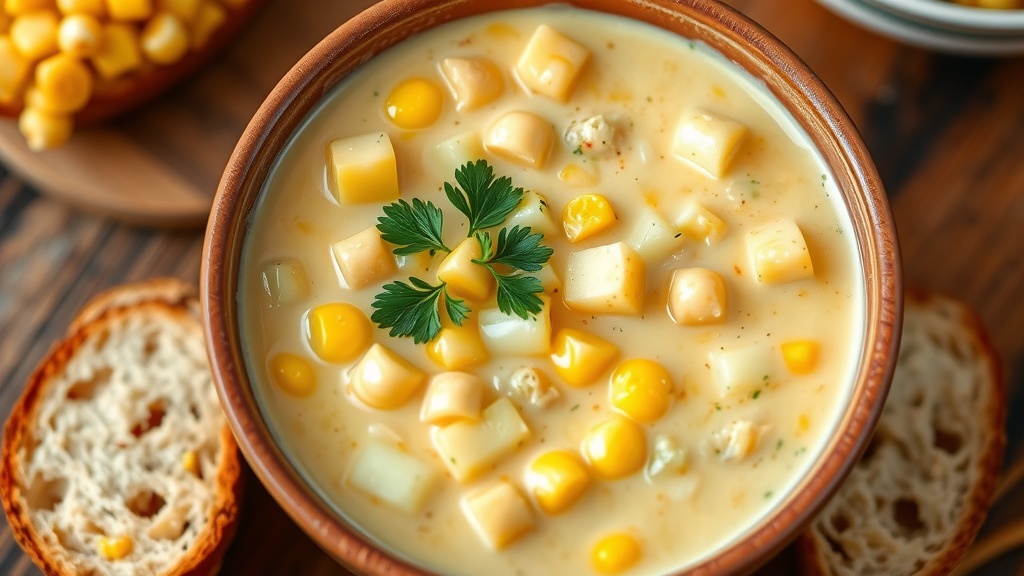 Creamy Corn Chowder Recipe A bowl of creamy corn chowder with corn kernels and potatoes, garnished with parsley on a wooden table with bread.